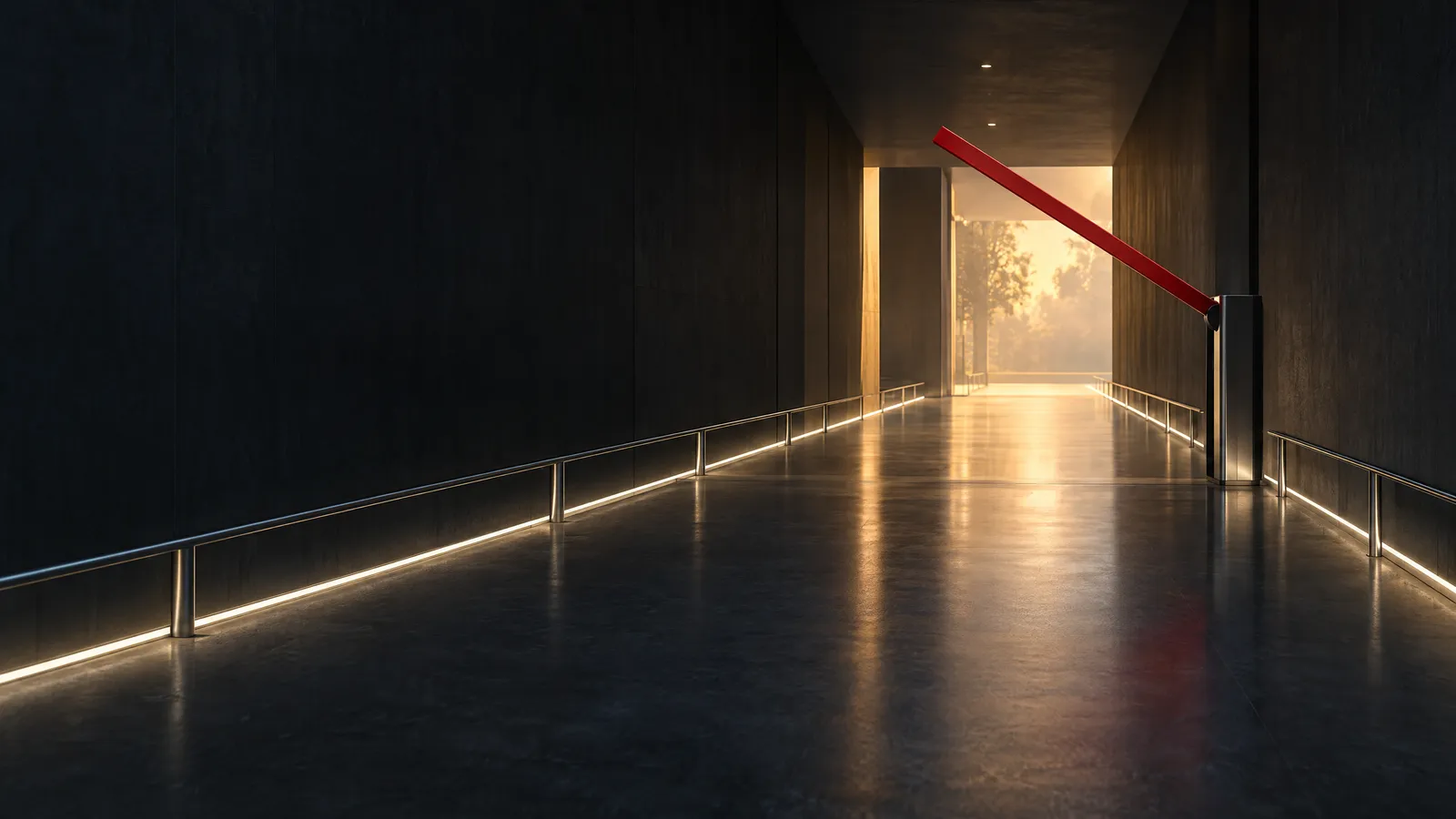A dark corridor with a raised red barrier arm and lit guide rails on both sides