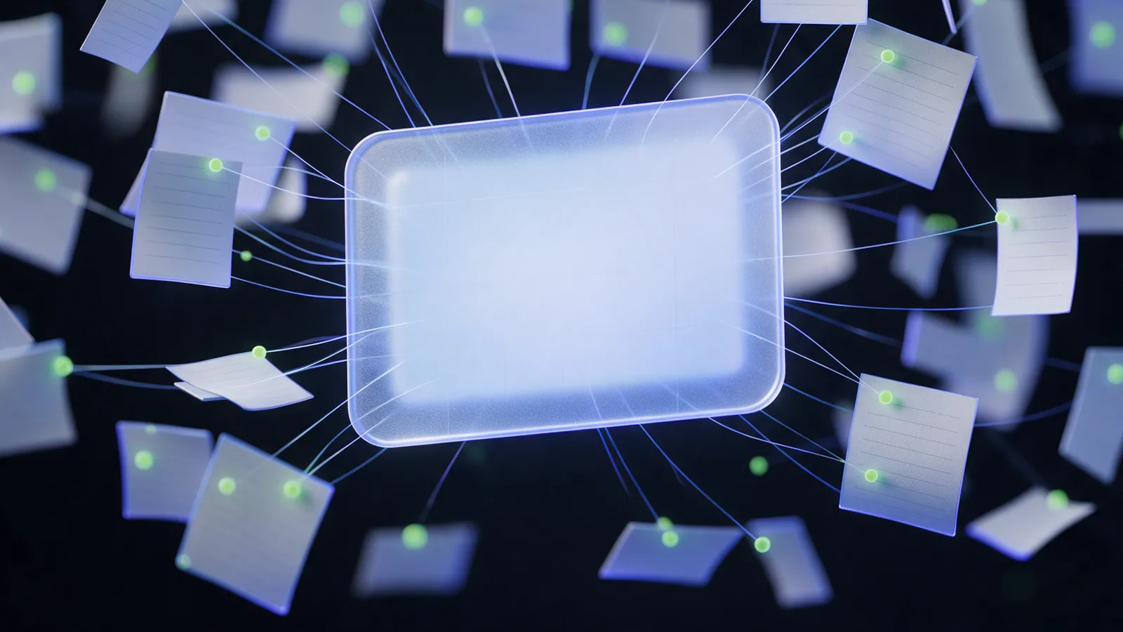 Documents connected to a glowing central panel