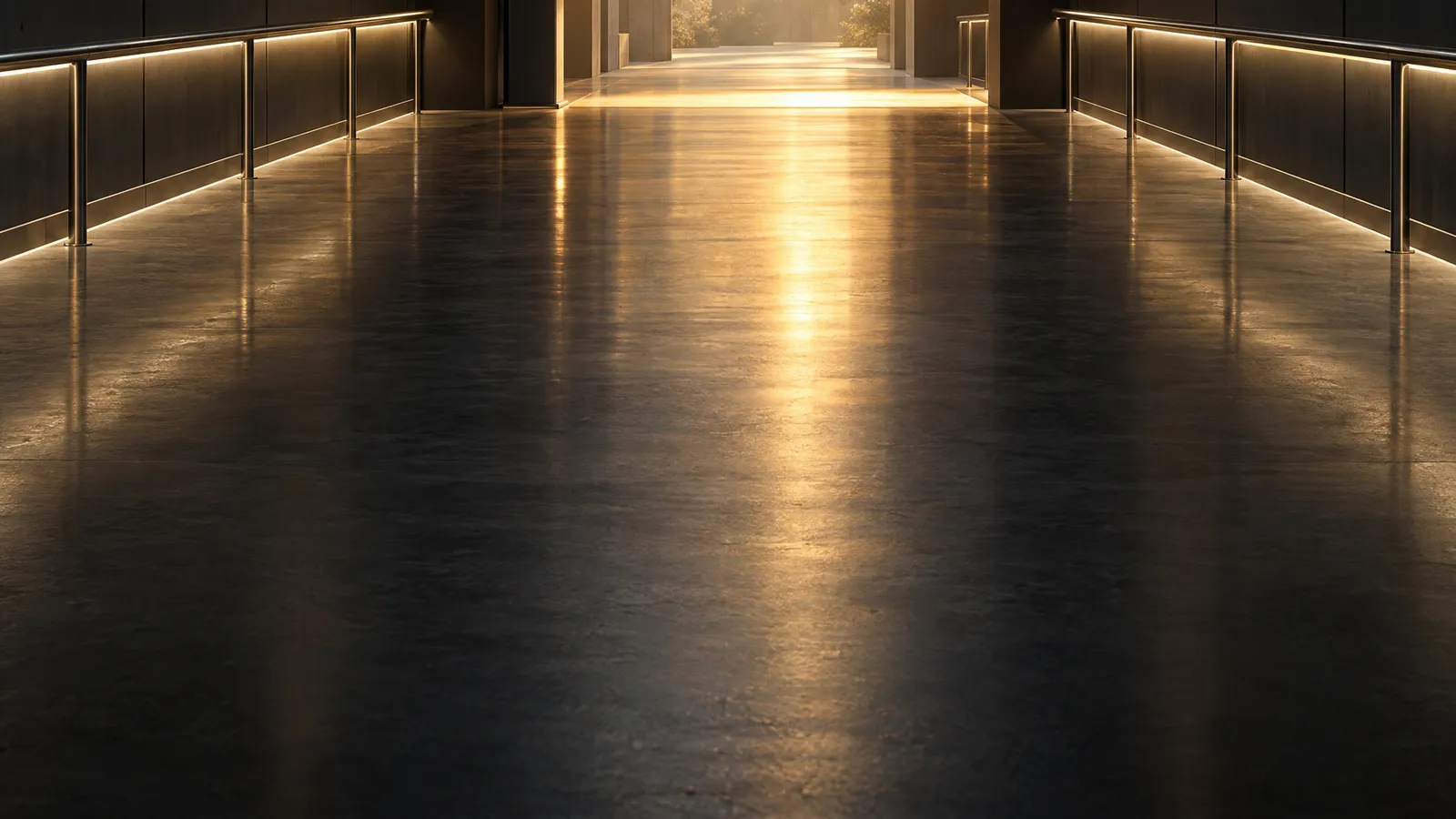 A softly lit corridor with guide rails on both sides