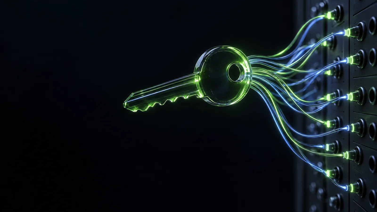 A glowing glass key wired into a server rack