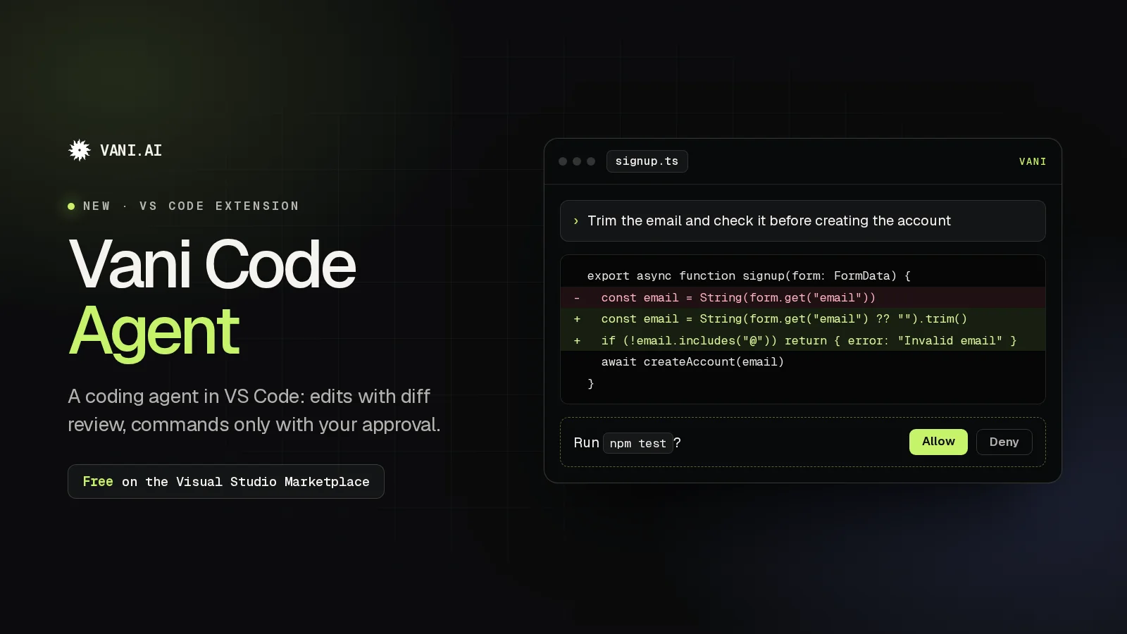 Illustration: an editor with a proposed change shown as a diff, and a test command waiting for approval