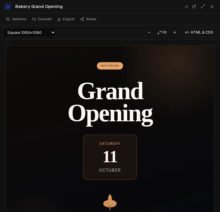 A square social post design announcing a bakery's grand opening.