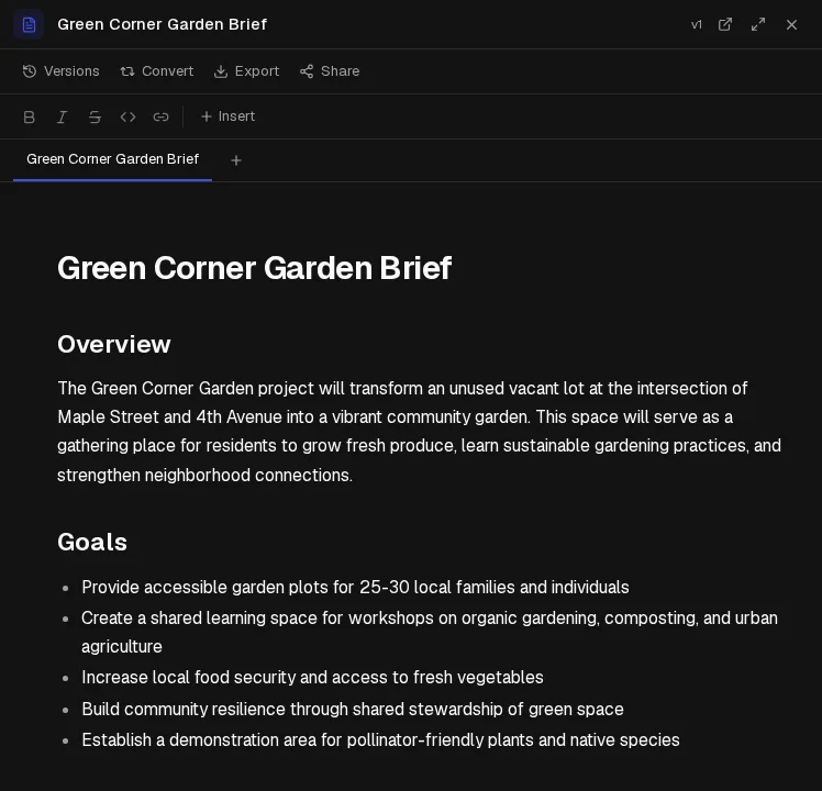 A one-page project brief Vani wrote, open in the document editor.