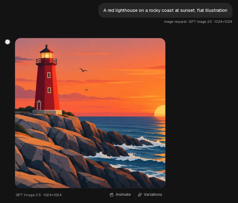 An image made in the chat with GPT Image 2.5: a red lighthouse on a rocky coast at sunset.