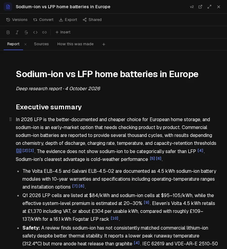 A deep research report, 'Sodium-ion vs LFP home batteries in Europe', with numbered citations and tabs for the report, its sources and how it was made.