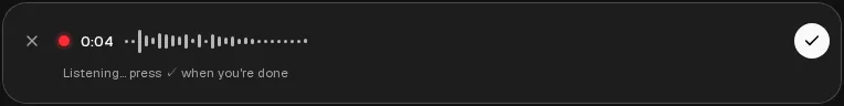 The message box while dictating: a red recording dot, a timer and a waveform.